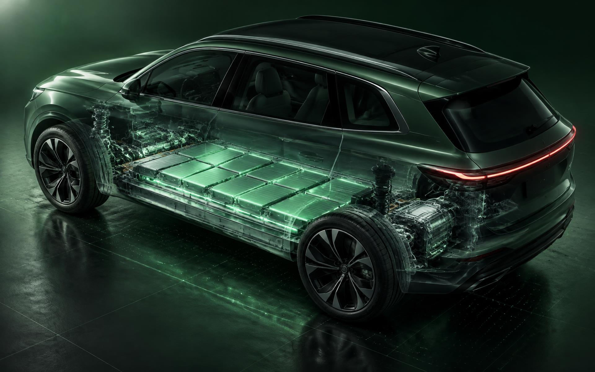 Premium Elektrofahrzeug in technischer Darstellung mit sichtbarem, grün leuchtendem Batteriepack im Fahrzeugboden
